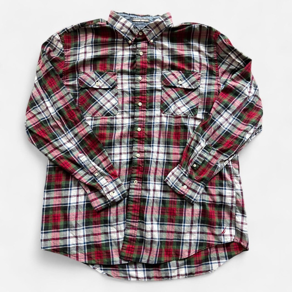 Vintage Nautica red, green & white plaid button-up shirt, XXL